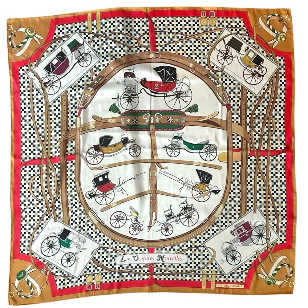 Hermès “Les Voitures Nouvelles” Silk Carré 90 Scarf Gold Brown Red Carriage - Picture 2 of 13